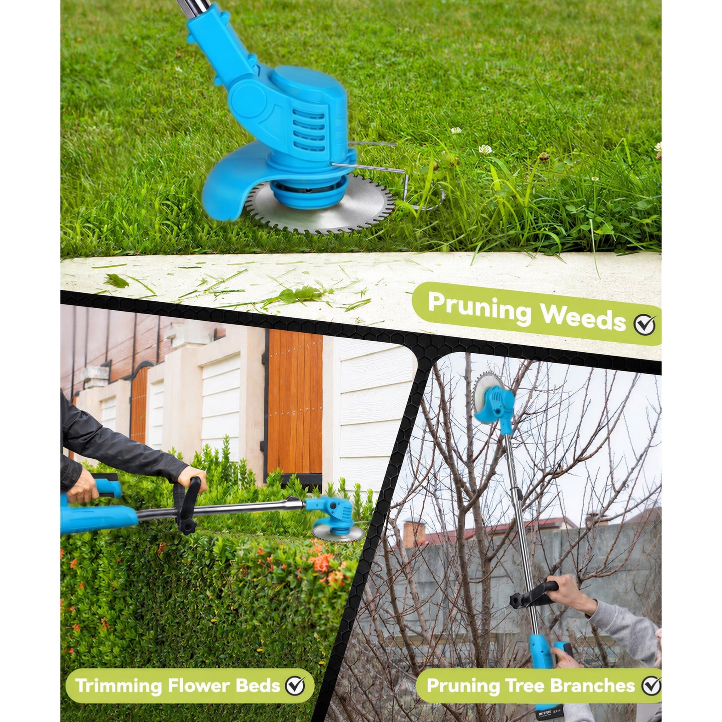 HOTREE 21V Cordless Electric String Trimmer & Weed Wacker Edger, 2x 2.0Ah Batteries, 3 Blades & Adjustable Handle for Yard Care