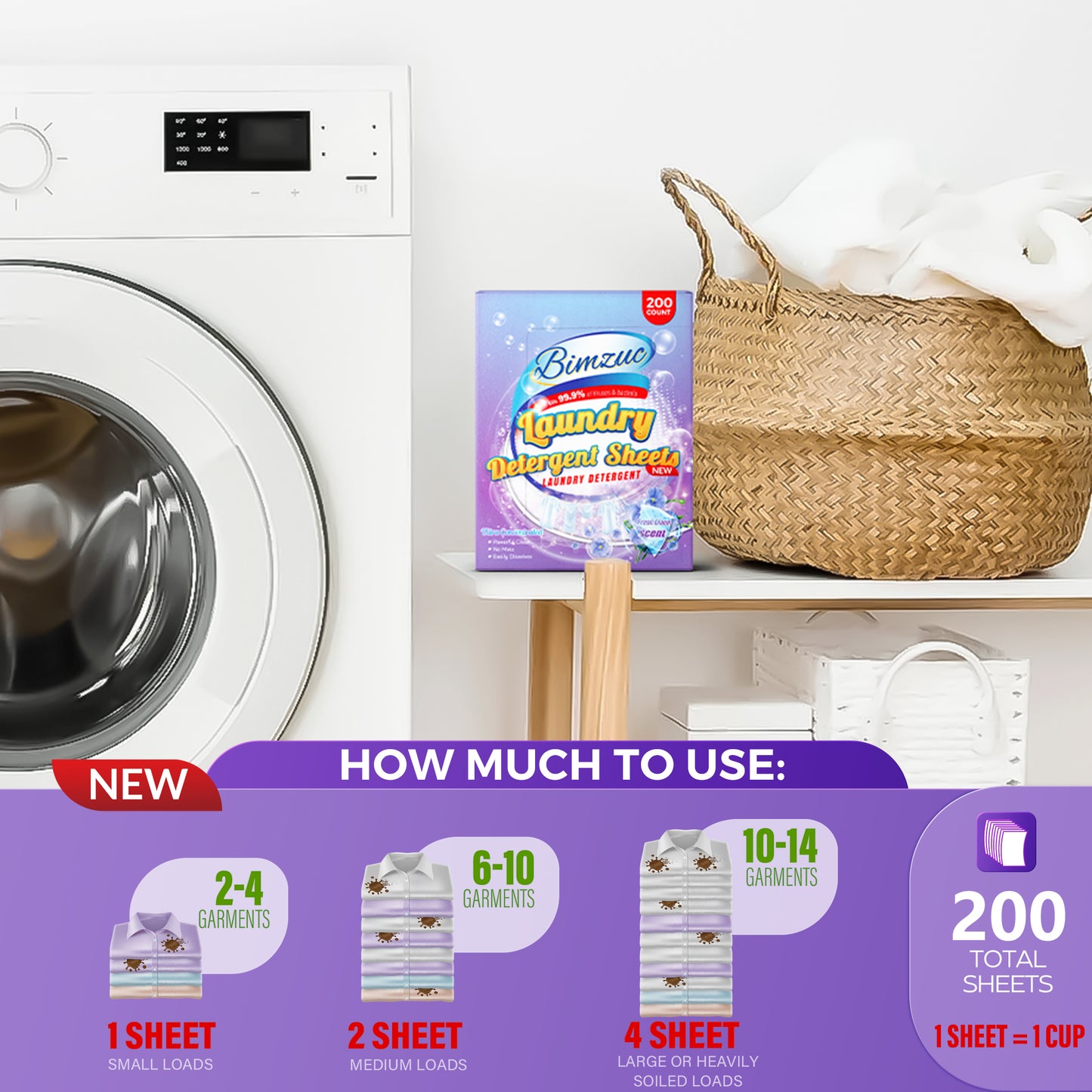 BIMZUC 200 Count Laundry Detergent Sheets up to 400 Loads, Fresh Linen Scent, Great for Travel