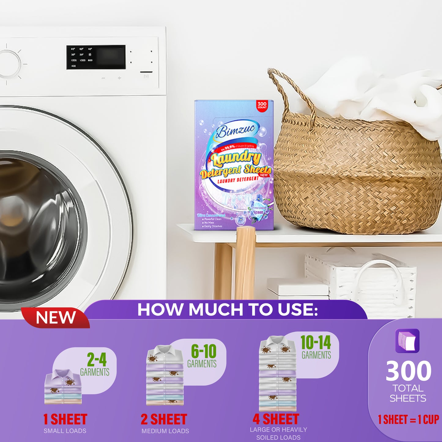 BIMZUC 300 Laundry Detergent Sheets up to 600 Loads, Fresh Linen Scent, Great for Travel