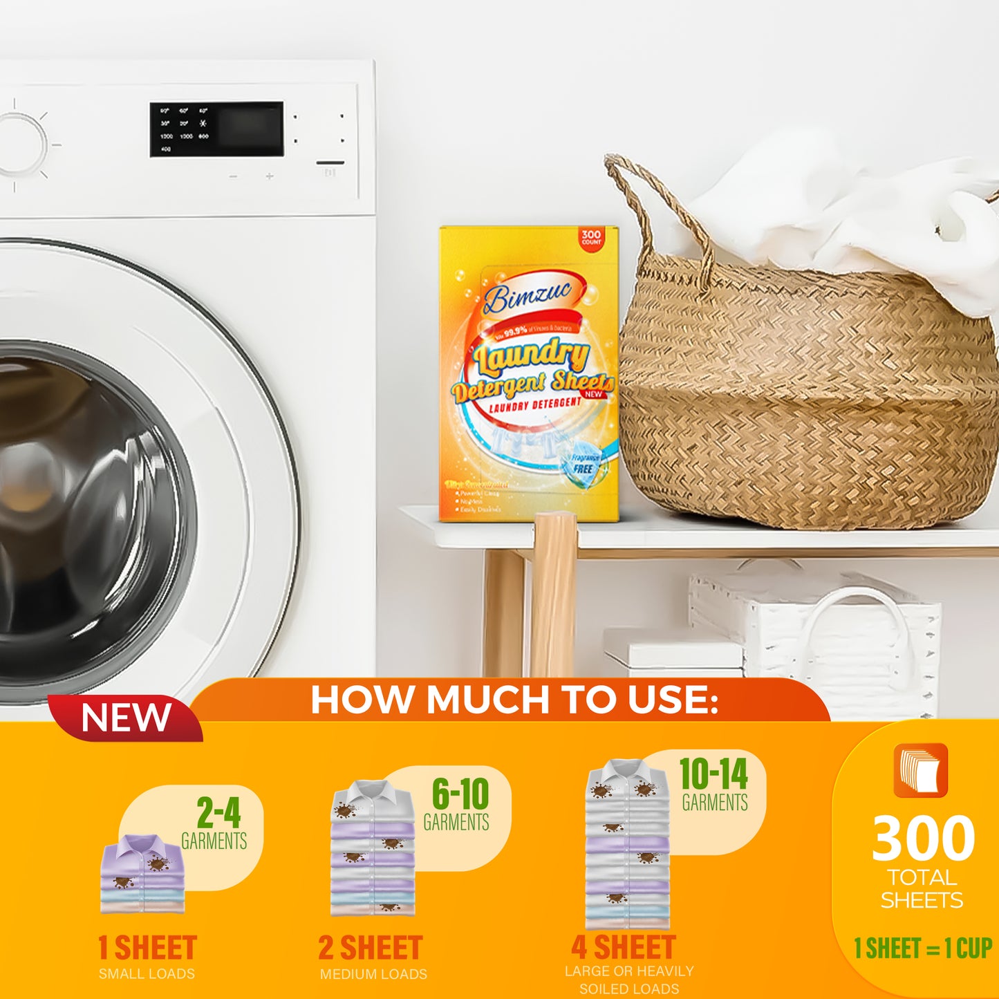 BIMZUC 300 Count Unscented Laundry Sheets, Laundry Detergent Sheets up to 600 Loads