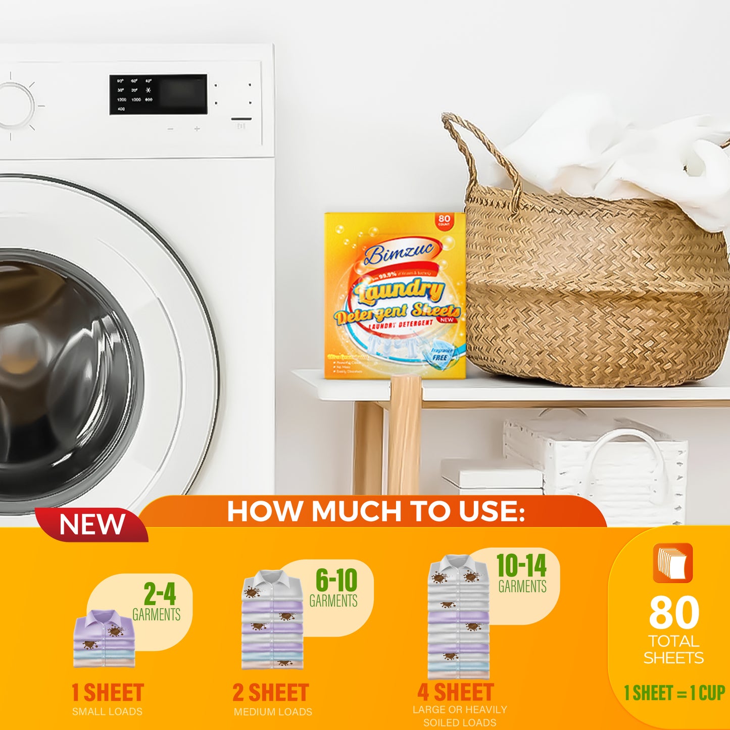 BIMZUC Power Laundry Detergent Sheets 80 ct,up to 160 Small Loads, Eco Ultra-Concentrated Unscented