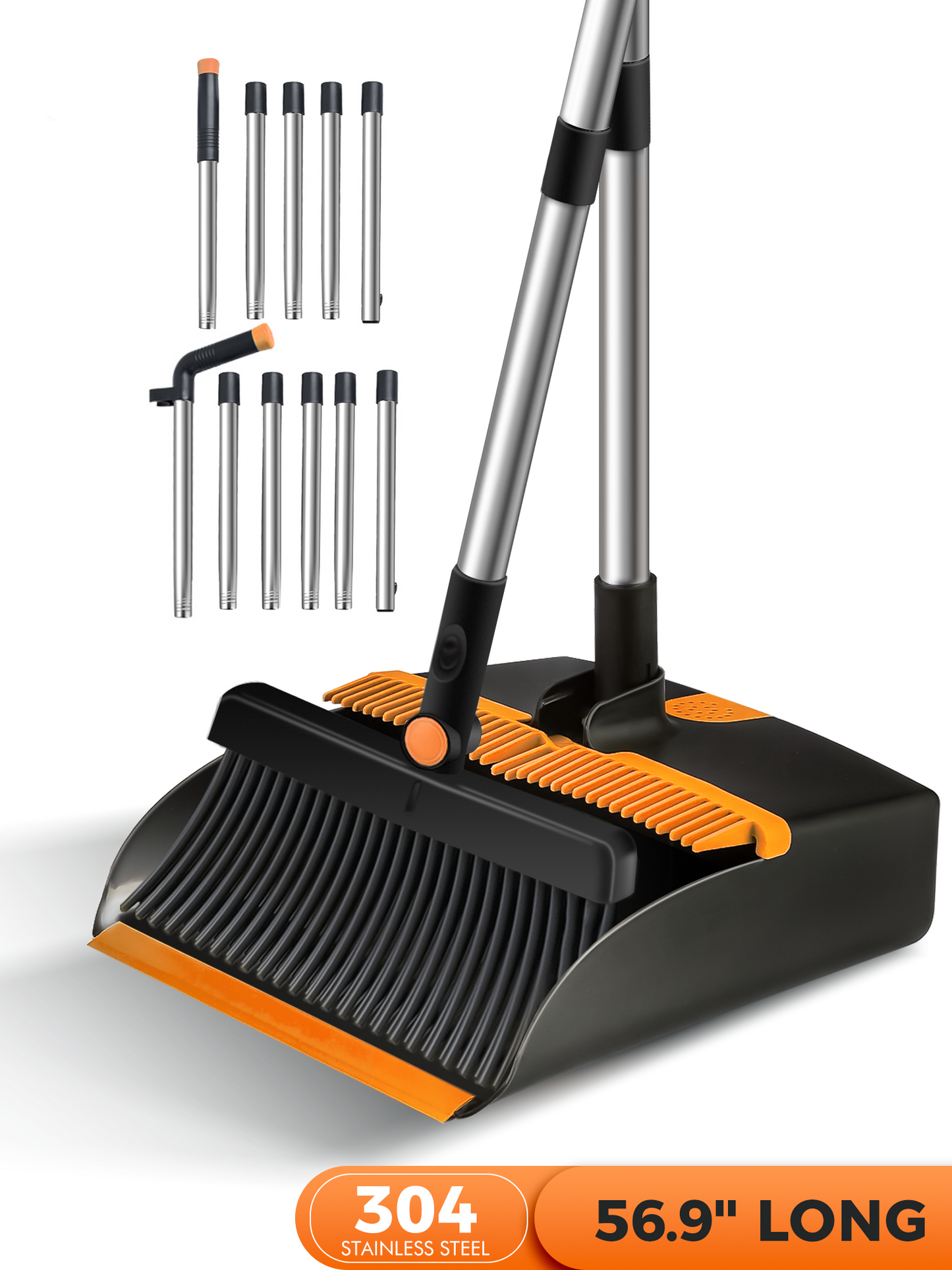 BIMZUC Broom and Dustpan Set for Home, Steel Dustpan with 56.9" Long Handle Broom Combo for Kitchen