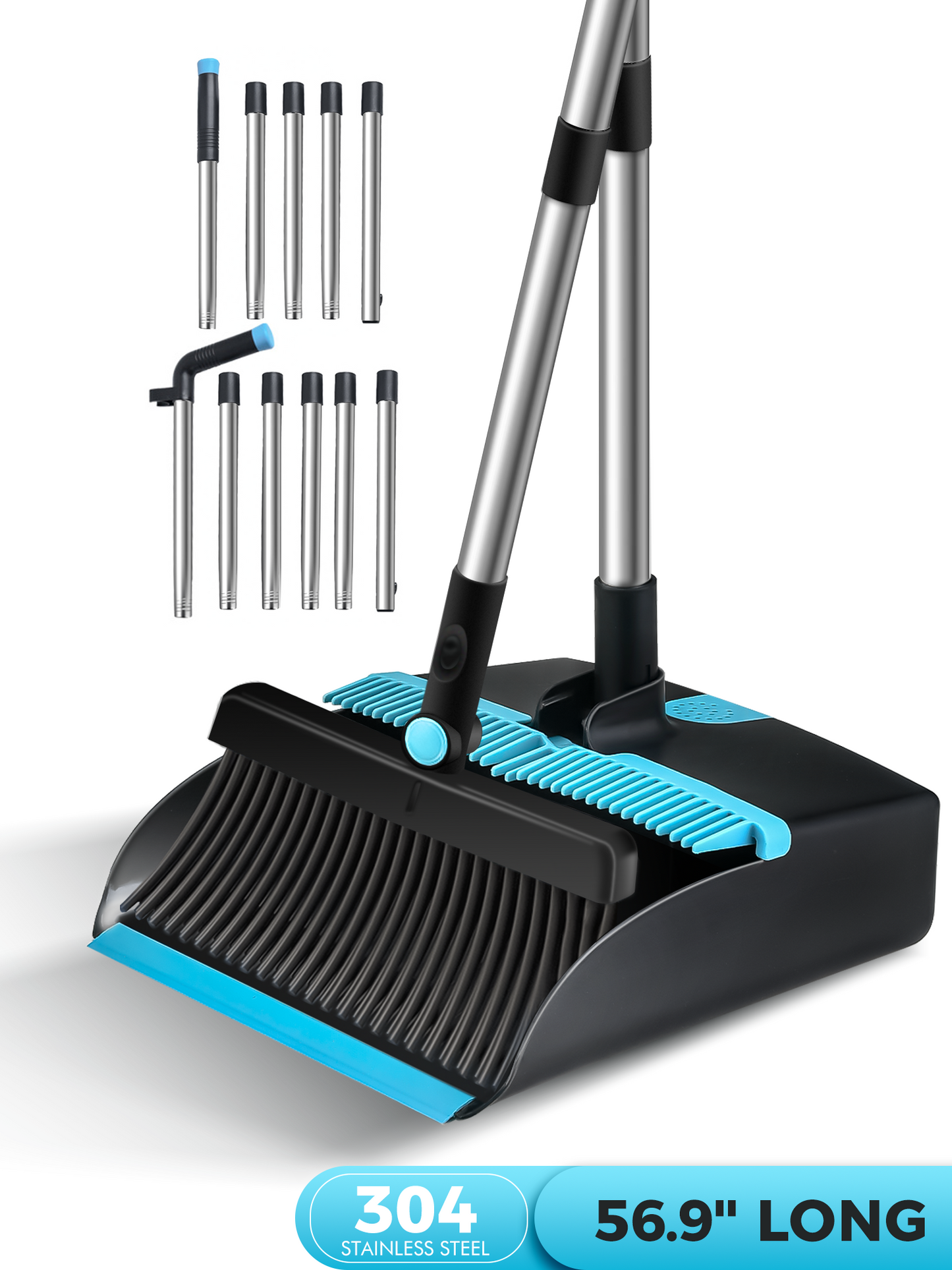 BIMZUC Broom and Dust Pan Combo,Steel Broom and Dustpan Set for Home,Dust Pan with 56.9" Long Handle