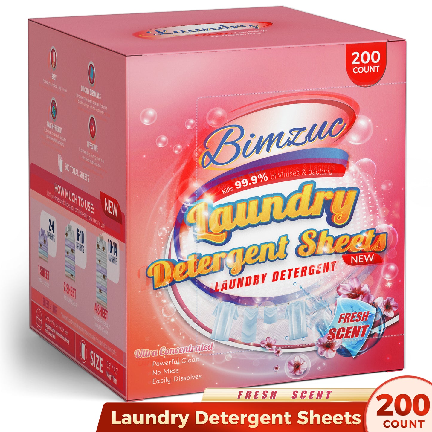 BIMZUC Laundry Detergent Sheets, 200 ct, up to 400 Small Loads, Eco Washing Supplies, Linen Scent