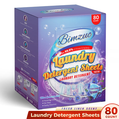 BIMZUC 80 Laundry Detergent Sheets up to 160 Loads, Travel Laundry Detergent- Fresh Linen Scent