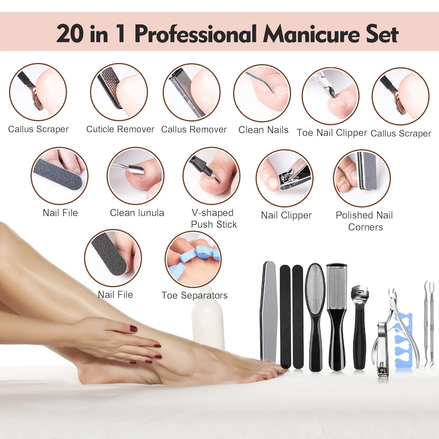 BIMZUC Nail Kit, 20 in 1 Pedicure Kit: Foot Scrub, Callus Remover, Cuticle Care, Toe Clippers, More for Manicure and Pedicure