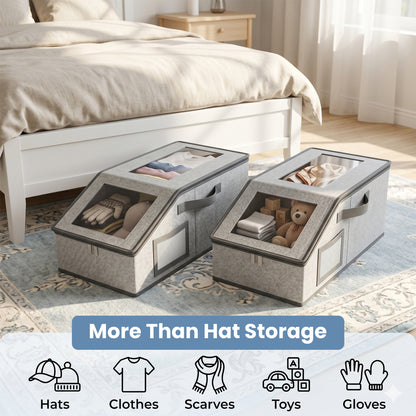 Riousery Stackable Hat Storage Boxes, 2 Pack Baseball Cap Organizer with Clear Windows, Foldable Closet Storage Bin for up to 30 Caps, Gray