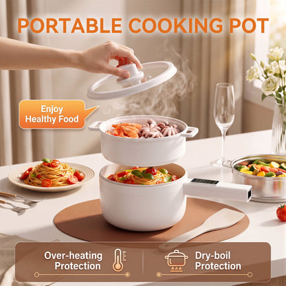 Suodoka Electric Hot Pot, Smart Non-Stick Ceramic Cooking Pot with Long Handle, 5 Modes, LED Touch Screen and 9.5H Timer, White