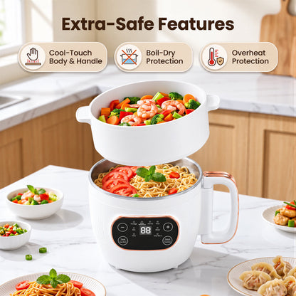 ICETear Portable Electric Cooking Pot with Foldable Handle, Mini Hot Pot & Low Sugar Rice Cooker, Titanium Non-Stick Inner Pot, 6 Smart Menus, Off-White