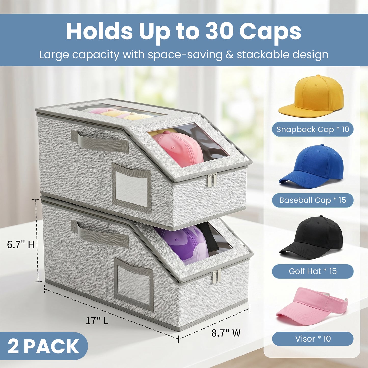 Riousery Stackable Hat Storage Boxes, 2 Pack Baseball Cap Organizer with Clear Windows, Foldable Closet Storage Bin for up to 30 Caps, Gray
