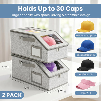 Riousery Stackable Hat Storage Boxes, 2 Pack Baseball Cap Organizer with Clear Windows, Foldable Closet Storage Bin for up to 30 Caps, Gray