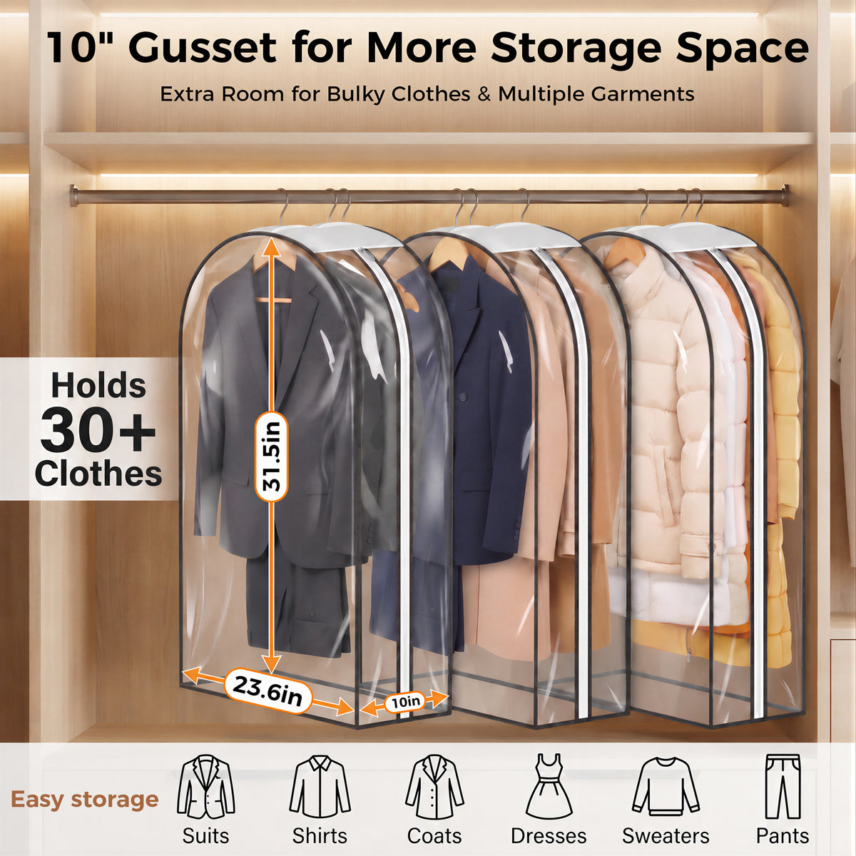 Riousery Clear Garment Bags for Closet Storage, 3 Pack Hanging Clothes Covers with 10" Gusset, Waterproof PEVA Suit Bags with Side Zipper for Dresses, Jackets and Coats