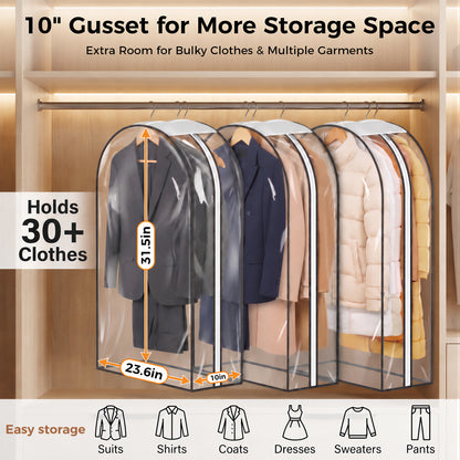 Riousery Clear Garment Bags for Closet Storage, 3 Pack Hanging Clothes Covers with 10" Gusset, Waterproof PEVA Suit Bags with Side Zipper for Dresses, Jackets and Coats
