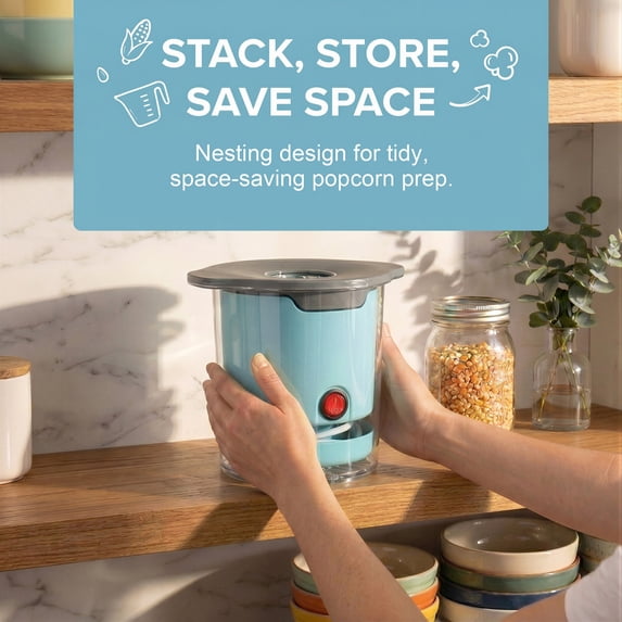 Casualife Hot Air Popcorn Maker, 1200W Oil-Free Popper with Dual-Purpose Serving Bowl, Compact Nesting Storage, Light Blue