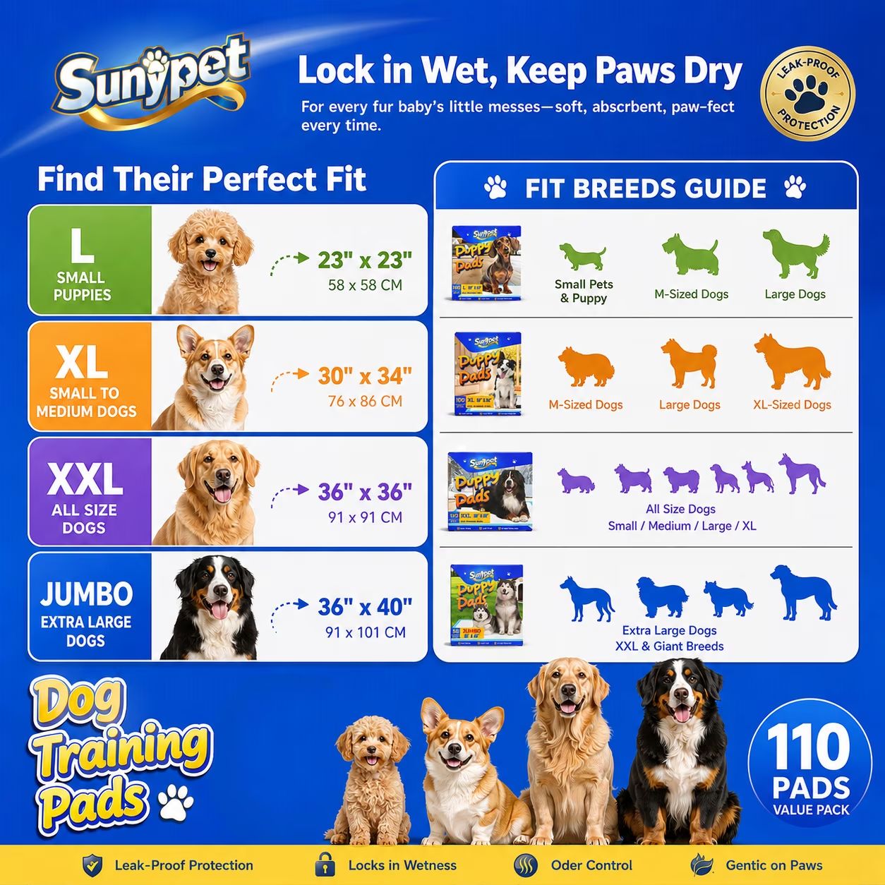 Sunypet Puppy Pads Disposable Dog Potty Training Pads, Quick Dry, Ultra Absorbent, XXL 36" x 36", 110ct