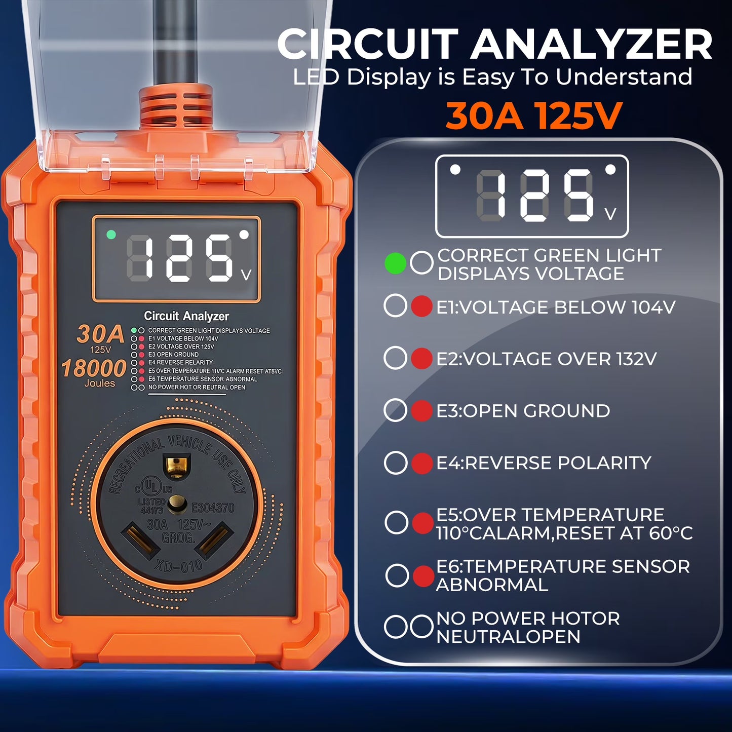 MORSUMA RV Surge Protector 30 Amp, Smart RV Power Protector with LED Display, 18000J, Auto Shut-Off & Reset, Waterproof, Orange