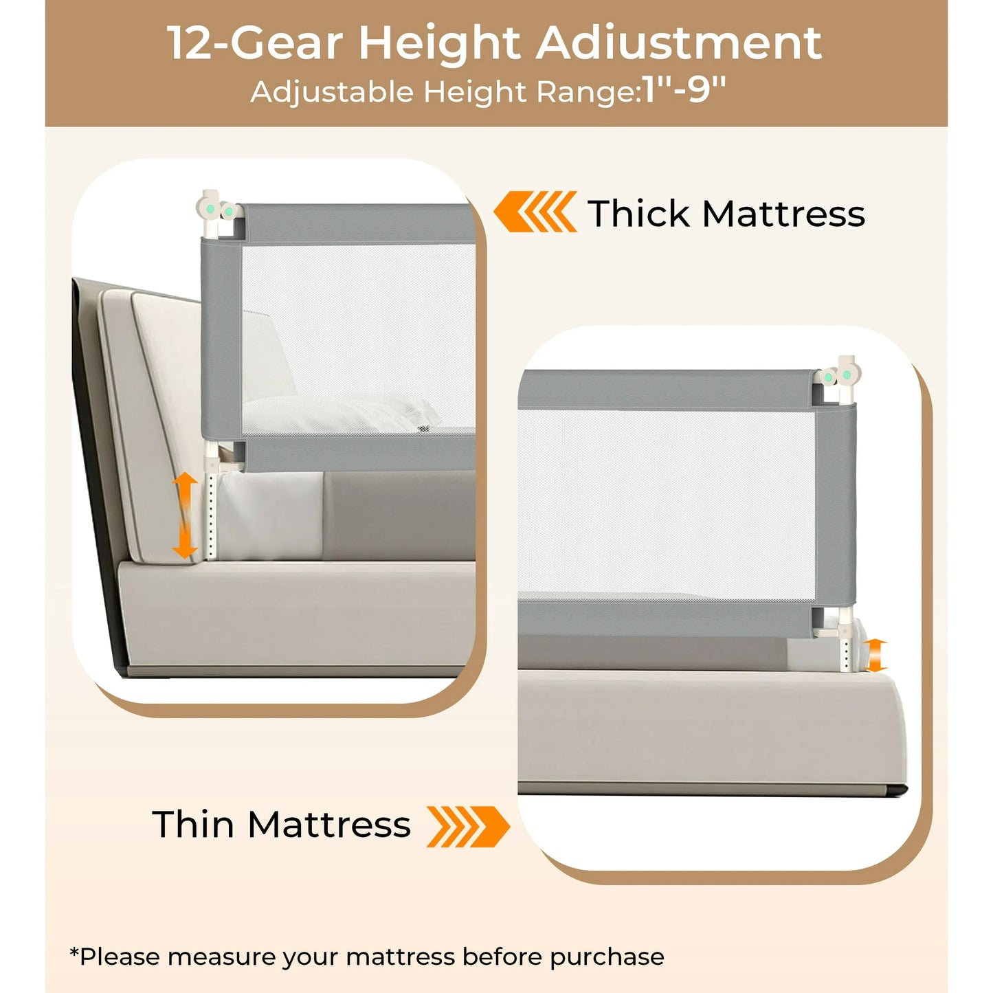 RUPOUN L-Shaped Toddler Bed Rail for Kids – Safety Guardrail, Universal Fit for Mattresses, Easy Installation, 1.5m Large Size, Gray