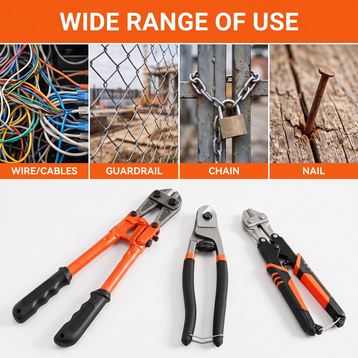 OHHANI 3-Piece Bolt Cutter Set, 14" Heavy Duty & 8" Mini Sizes, 8" Wire Rope Cutter, CR-V Blades, Portable Carry Case for Locks, Chains & Iron Wire