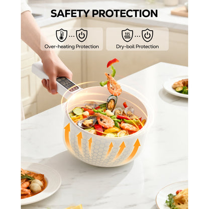 Casualife 2L Electric Hot Pot with Steamer, 6-in-1 Multi-Cooker, 5-Temp Adjustable, Keep-Warm Function，0.5-9.5H Timer for Steak, Egg, Fried Rice, Soup