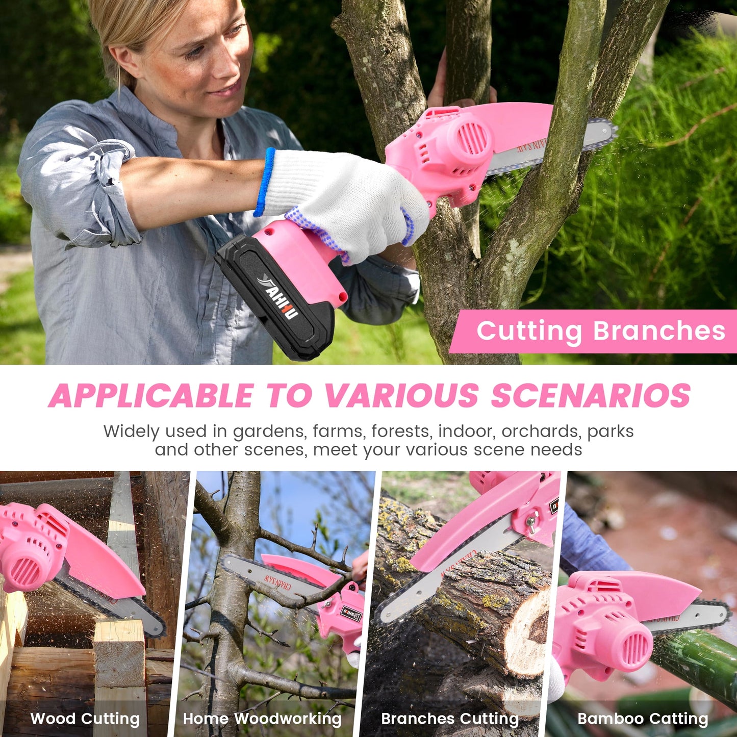 YAHHU 6 inch Lovely Pink Mini Chainsaw, Portable Handheld Electric Cordless Chainsaw,21V Battery,New