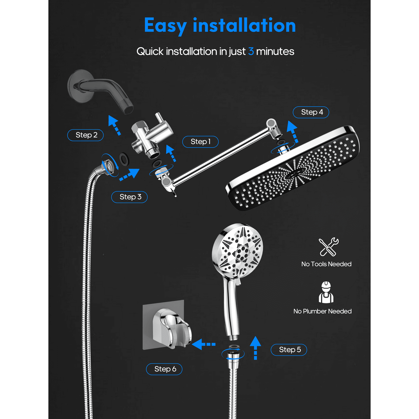 YAHHU 12 inch High Rainfall Showerhead and 10 Settings Pressure Handheld Shower Combo, Stainless Steel Dual Shower Head Set for Bathing