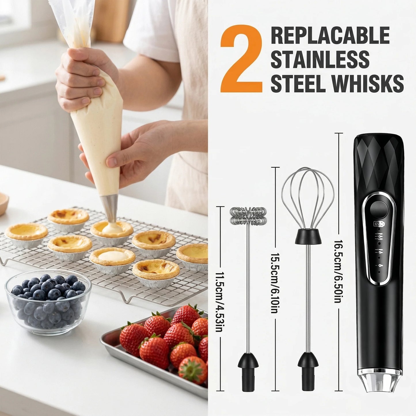 M Buder Milk Frother, Handheld Foam Maker and Electric Egg Whisk, 3 Speed Rechargeable Coffee Frother Wand with 2 Detachable Whisks, Black
