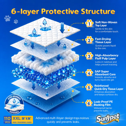 Sunypet Puppy Pads Disposable Dog Potty Training Pads, Quick Dry, Ultra Absorbent, XXL 36" x 36", 110ct
