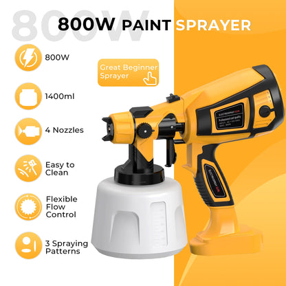 HOTREE Electric Paint Sprayer Gun, 800W HVLP Spray Gun with 1400ml Tank, 4 Nozzles, 3 Patterns, for Furniture, Walls, Fences, Cabinets