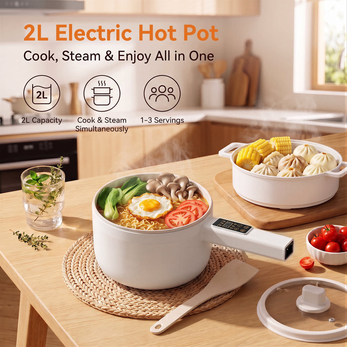 Suodoka Electric Hot Pot, Smart Non-Stick Ceramic Cooking Pot with Long Handle, 5 Modes, LED Touch Screen and 9.5H Timer, White