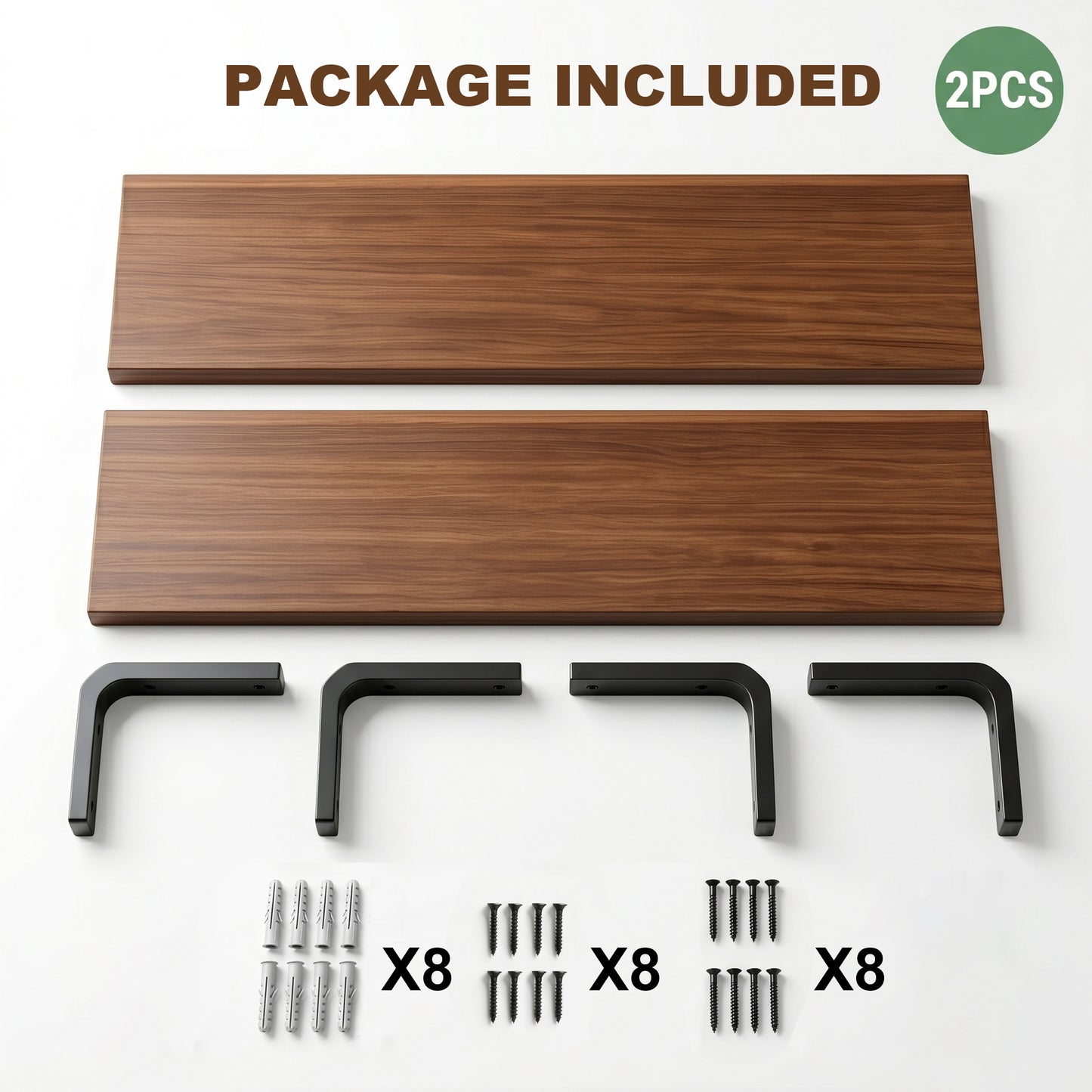 Riousery Wood Floating Shelves Set of 2, 23.6" Wall Mounted Shelves with Metal Brackets, Walnut Wall Shelves for Bathroom, Bedroom, Living Room, Kitchen