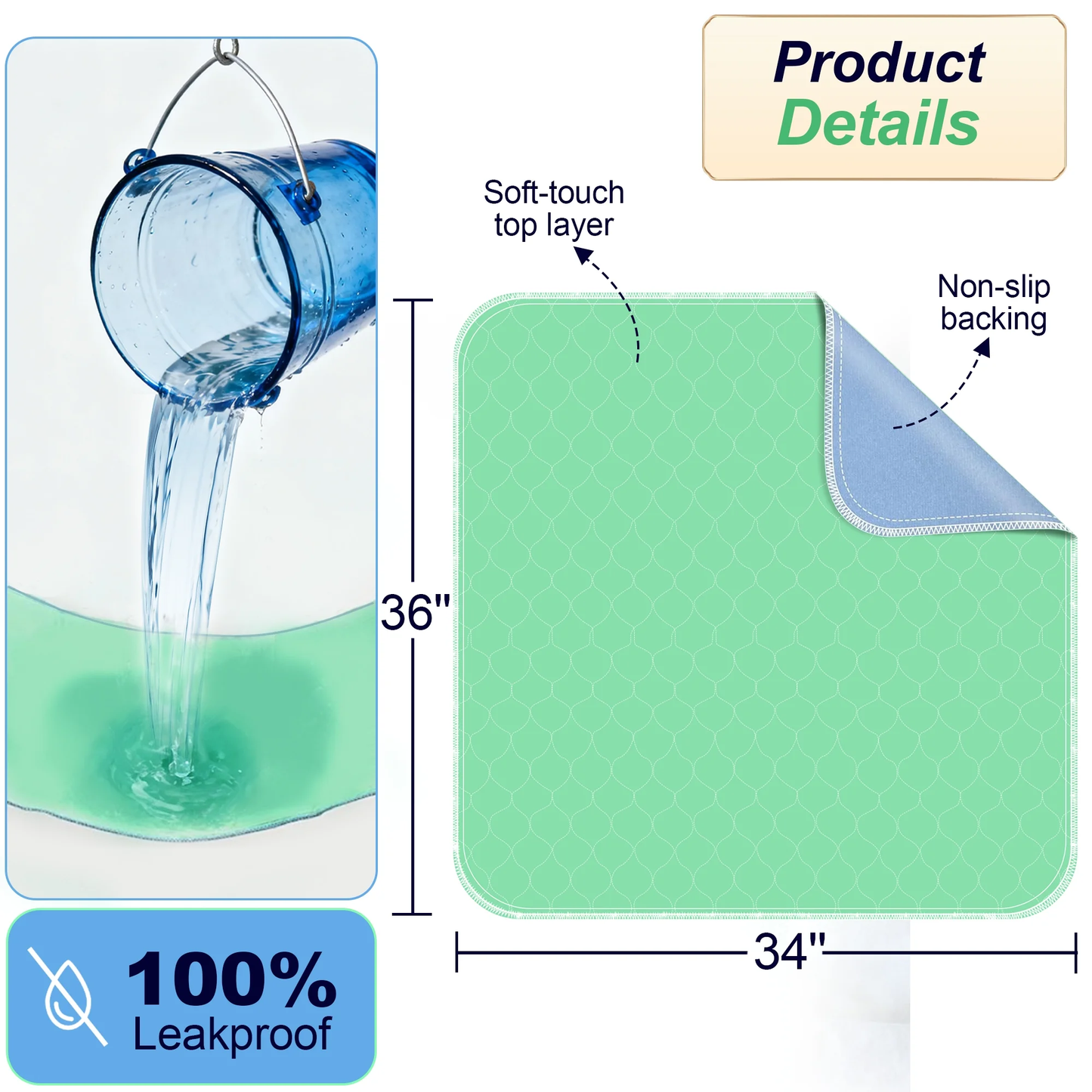 BOKYAN Washable Bed Pads 4 Pack 34"x36", Reusable Incontinence Underpads with Extra Heavy Absorbency for Diaper Changing, Pee Pads, Puppy Pads, Waterproof Sofa and Floor Protector, Green and Blue