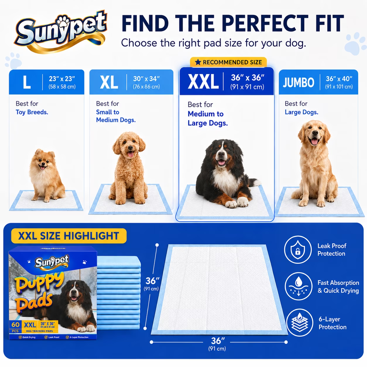 Sunypet Puppy Pads Disposable Dog Potty Training Pads, Quick Dry, Ultra Absorbent, XXL 36" x 36", 60ct