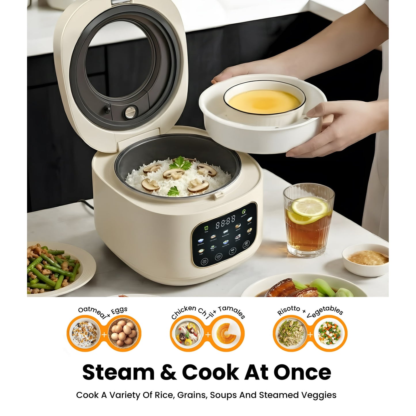 Casualife 12-Cups/4.3QT Rice Cooker with Steamer & Keep Warm, 10-in-1 Multicooker，24-Hour Timer，Non-Stick Inner Pot, White