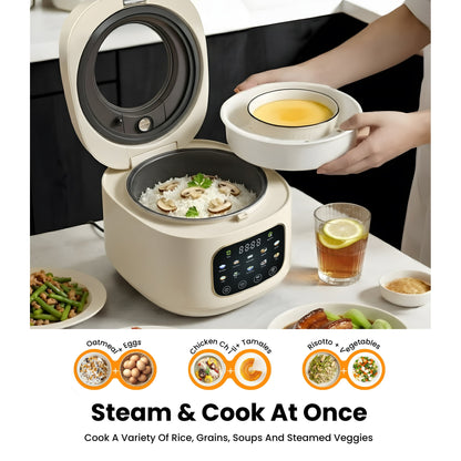 Casualife 12-Cups/4.3QT Rice Cooker with Steamer & Keep Warm, 10-in-1 Multicooker，24-Hour Timer，Non-Stick Inner Pot, White
