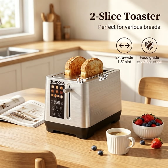 Suodoka 2-Slice Digital Toaster, Stainless Steel Touch Control Toaster with 6 Shade Settings, 5 Functions & 5.51" Extra-Wide Slots