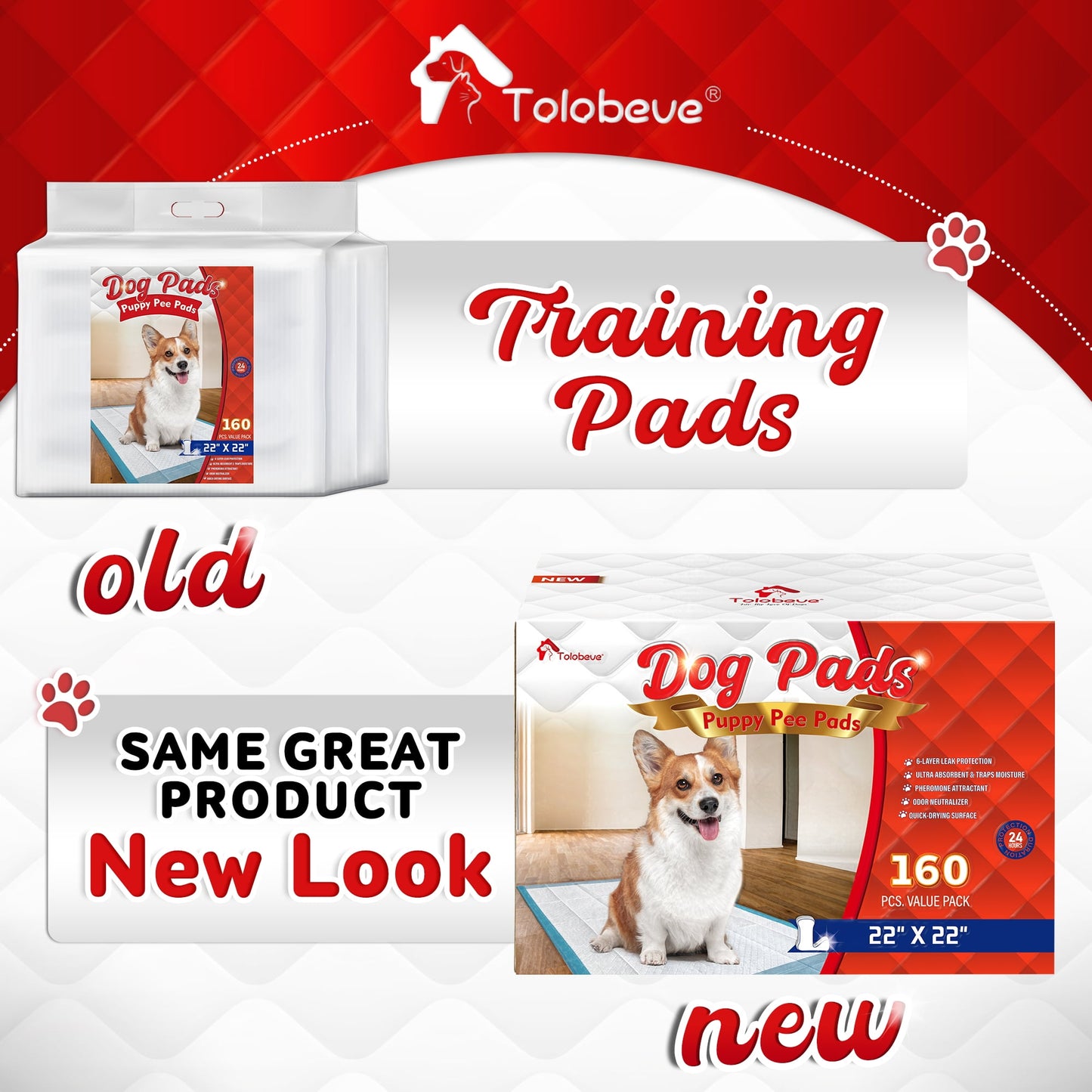 Tolobeve Puppy Pads Training Pads, Large, 22 in x 22 in, 160 Count Disposable Dog Pee Pet Pads