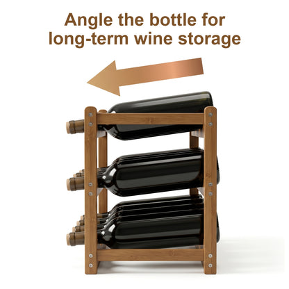 Riousery Bamboo Wine Rack, 3-Tier Freestanding Countertop Wine Bottle Holder, 12 Bottle Storage Rack, Sturdy & Easy Assembly, Brown