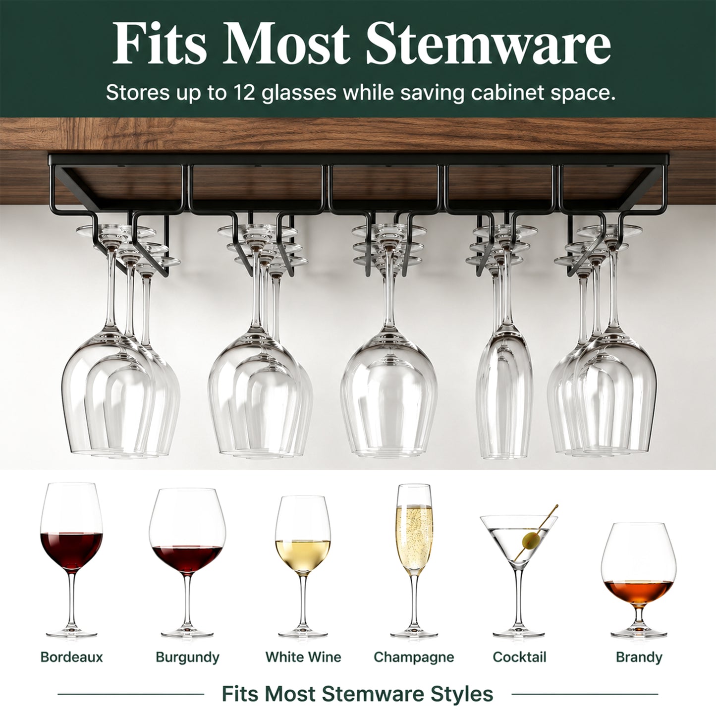 Riousery 4-Row Under Cabinet Wine Glass Rack, Metal Stemware Holder, Hanging Storage for Up to 12 Wine Glasses, Black