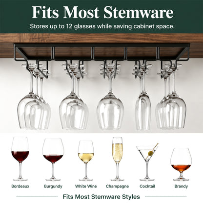 Riousery 4-Row Under Cabinet Wine Glass Rack, Metal Stemware Holder, Hanging Storage for Up to 12 Wine Glasses, Black