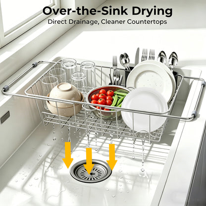 Riousery Dish Drying Rack, Stainless Steel Expandable Over Sink Dish Rack, Adjustable Dish Drainer for Kitchen Sink or Countertop, Space-Saving Design, 14.9"–22"