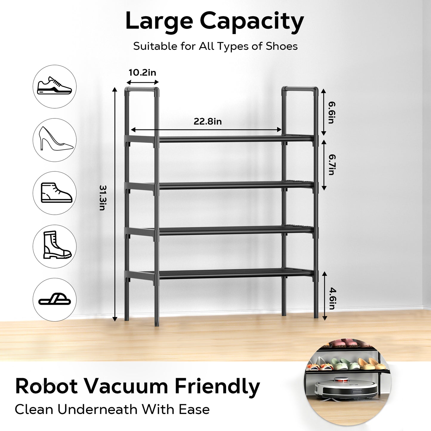 Riousery 4-Tier All-Steel Shoe Rack, Stackable Metal Shoe Organizer with Adjustable Shelves, Heavy-Duty Storage for Entryway, Closet, Bedroom