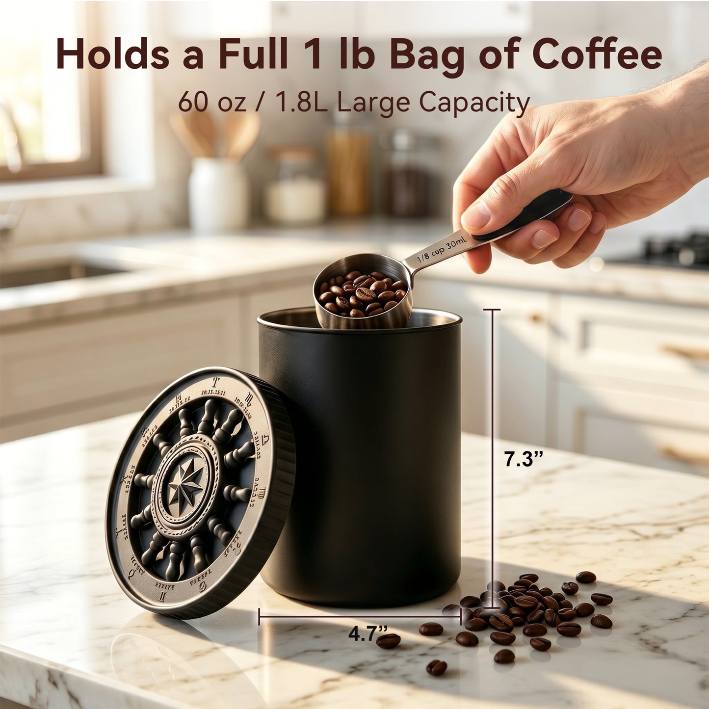Riousery 60 oz Matte Black Stainless Steel Coffee Canister, Airtight Storage for Beans, Tea & Sugar with Valve and Scoop
