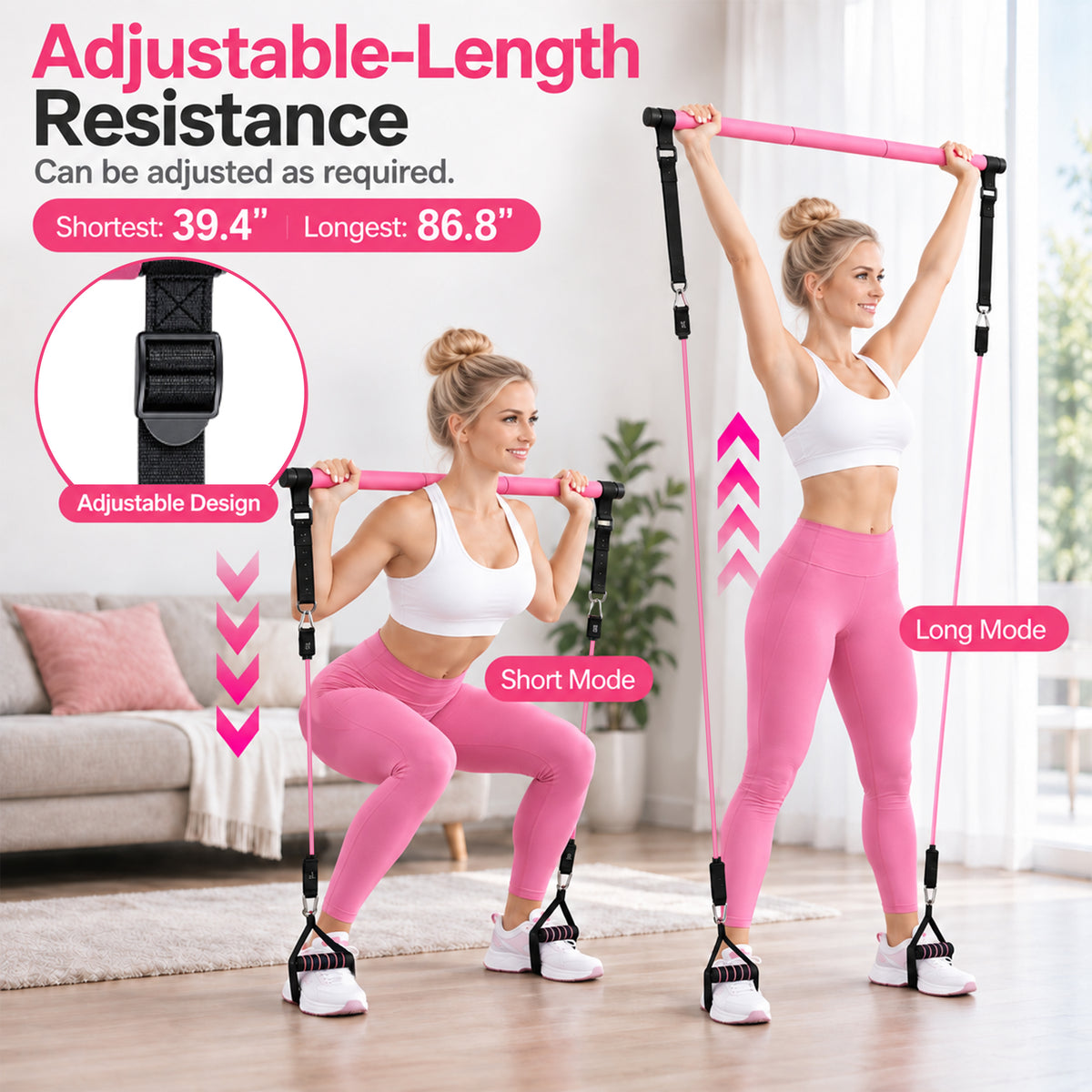 Pilates Bar Kit with Resistance Bands, 1.26in Wide Foot Straps, 3-Section Home Gym Workout Equipment