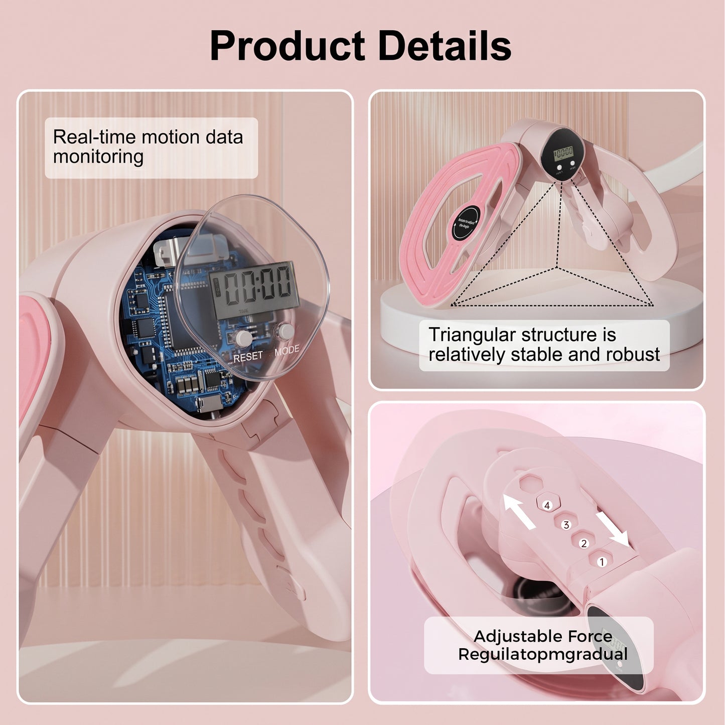 Smart Thigh and Leg Exerciser for Women, Lower Body Resistance Trainer with Digital Counter, Adjustable Length Home Gym Equipment, Pink