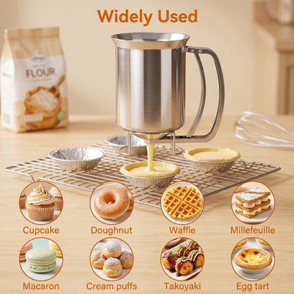M Buder Pancake Batter Dispenser, Stainless Steel Handheld Baking Batter Funnel with Stand for Pancakes, Cupcakes, Baked Goods