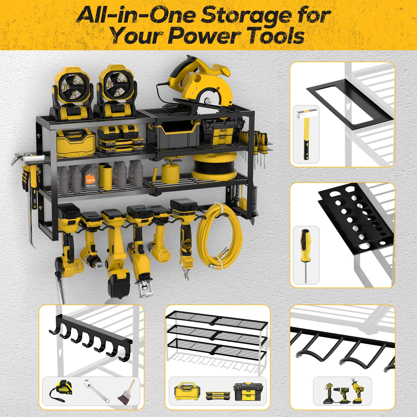 Riousery Heavy Duty Power Tool Organizer Wall Mount, 8 Drill Holder Rack with Hooks, 4-Tier Tool Storage Shelf with 350Lbs Load Capacity, Garage Tool Rack for Workshop Shed Pegboard Wall
