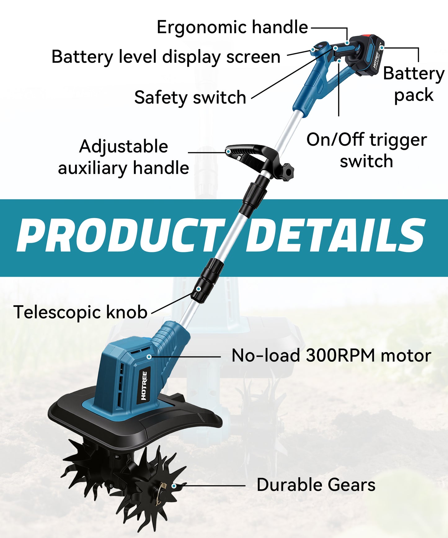 HOTREE Cordless Electric Tiller 4pcs Blades 12in Tilling Width and 8in Depth Electric Garden Rototiller 300rpm for Lawn Gardening Soil Cultivation