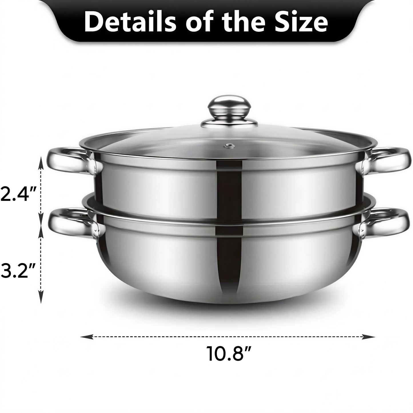 LZSDS Steamer Basket 2 Tier Stainless Steel 11 In, Stackable Steamer Insert Pot with Glass Lid for Vegetables Dumplings