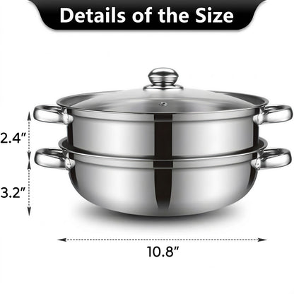 LZSDS Steamer Basket 2 Tier Stainless Steel 11 In, Stackable Steamer Insert Pot with Glass Lid for Vegetables Dumplings