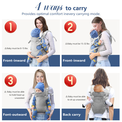 RUPOUN Baby Carrier, Convertible Soft & Cool Baby Carrier, 4-Position, Gray, for Child, Infant, Newborn